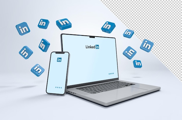 Premium PSD | Mockup of linkedin icons flying around a laptop and ...